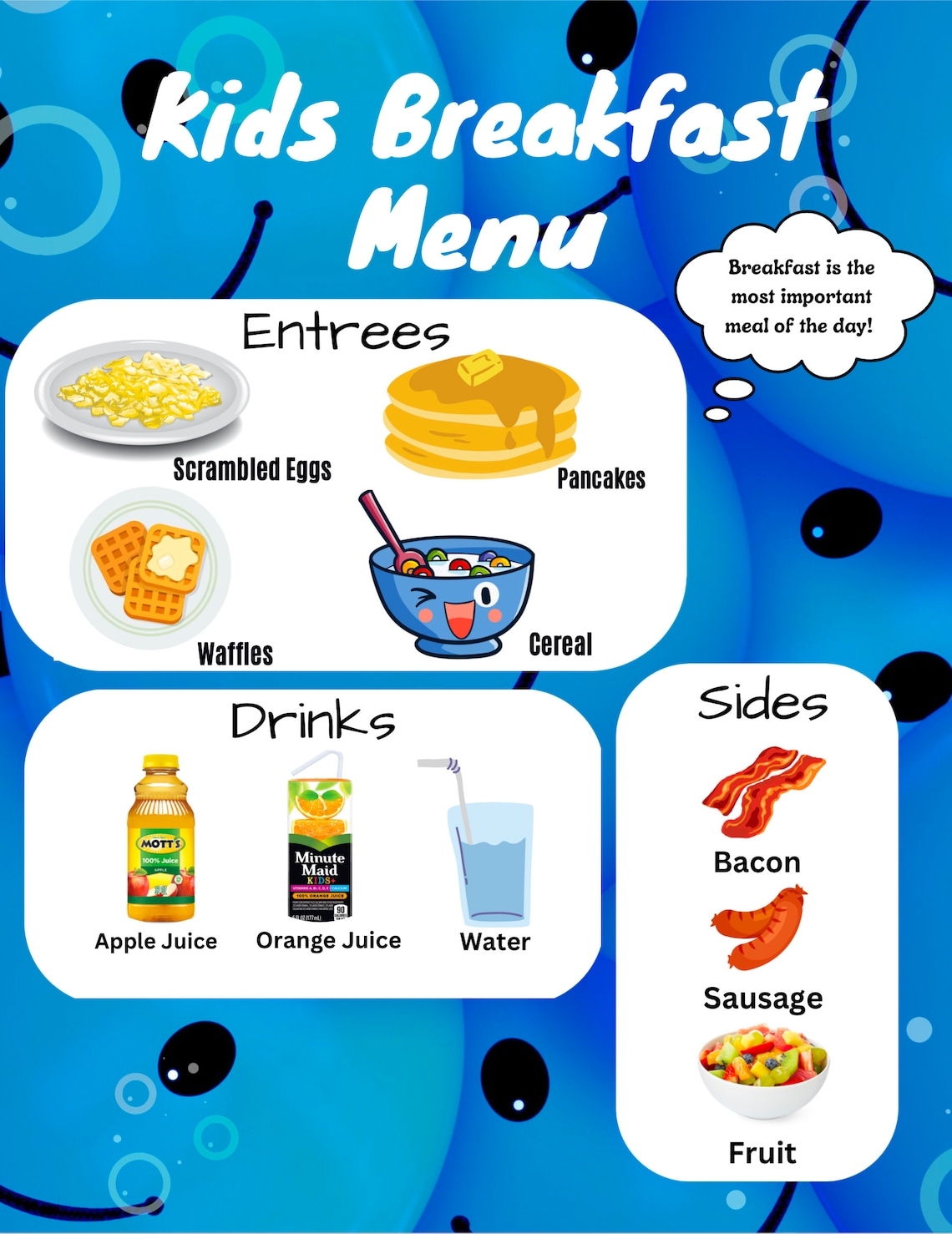 Kids Food Menu, Custom Menu for Kids, Picky Eater Menu, Breakfast Menu