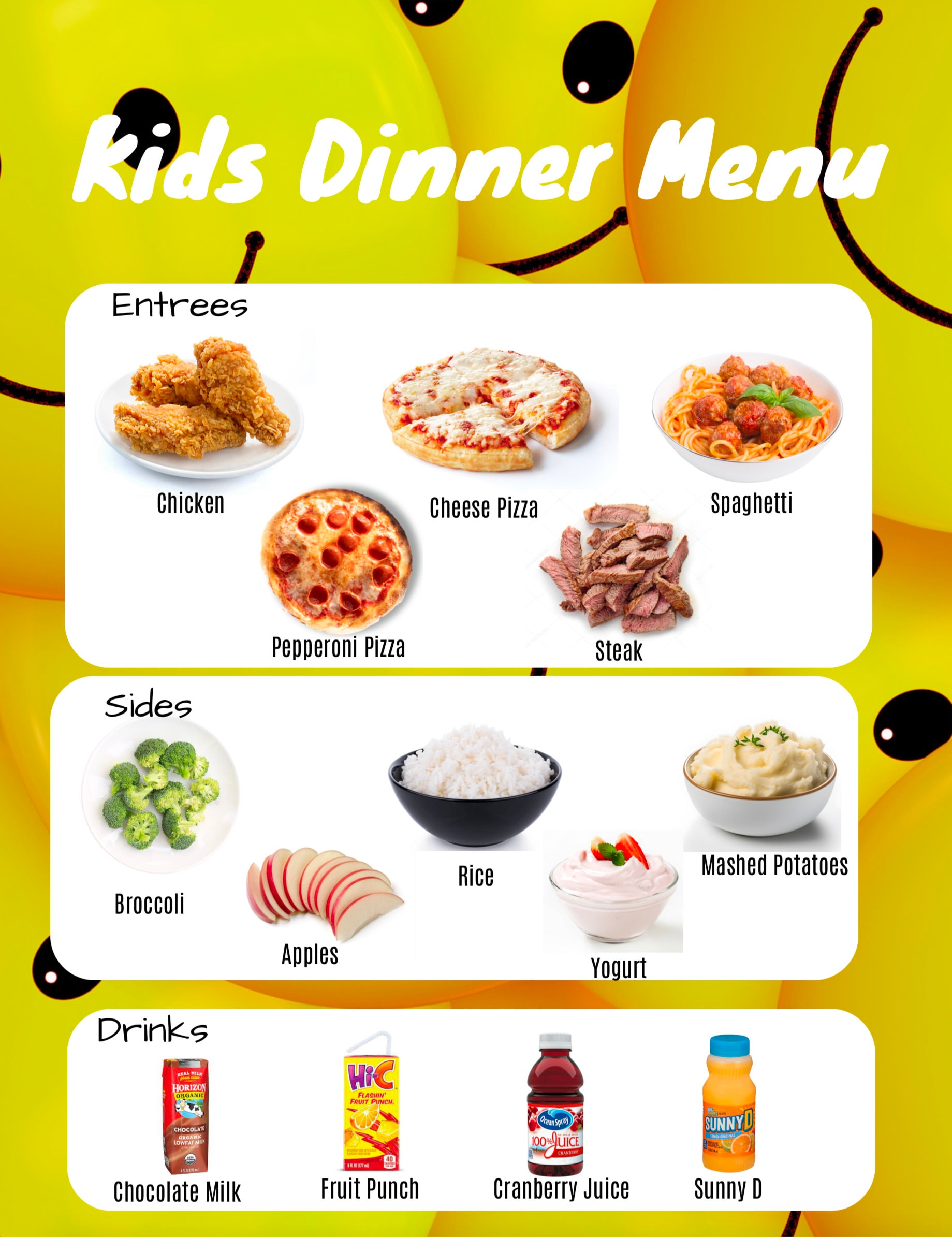 Kids Food Menu, Custom Menu for Kids, Picky Eater Menu, Breakfast Menu