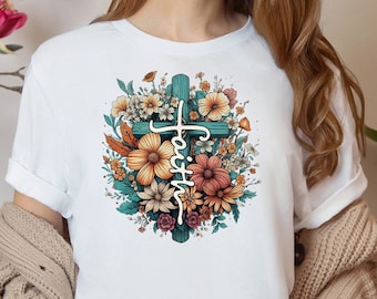 Floral Cross Christian Tee: Retro Faith Graphic Shirt