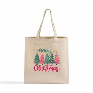 Merry Christmas Tote Bag – Stylish Pink & Green Tree Design, Durable and Eco-Friendly Canvas Bag, For Holiday Shopping and Festive Gifts