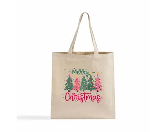 Christmas Tree Tote Bag: Pink & Green Holiday Canvas Bag