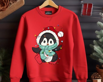 Penguin Christmas Lights Sweatshirt, Animal Crewneck