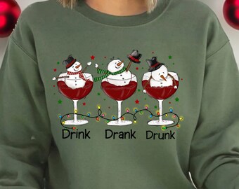 Funny Christmas Sweatshirt: Snowman Drinking Wine, Xmas Crewneck