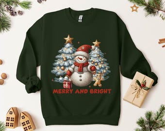 Snowman Christmas Tree Sweatshirt: Merry & Bright Holiday Crewneck