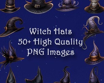 Witch Hat Clipart, Halloween Gothic Illustrative PNG Clip Art, Commercial Use, 50+ Images, 300 DPI, Transparent Background, Instant Download