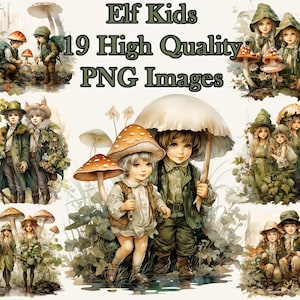Süße Elfen Kinder Clipart, Vintage Fantasy Aquarell PNG Clip Art, Kinder, Pilze, Elfen, Wald, Transparenter Hintergrund, Sofort Download