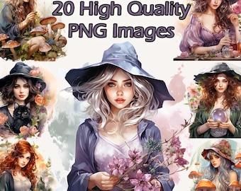 Pretty Spring Witch Clipart, Magic Fantasy Watercolor PNG Clip Art, Flowers, Crystals, Plants, Transparent Background, Instant Download