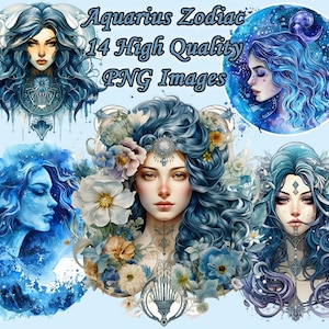 Aquarius Zodiac Clipart, Astrology Watercolor PNG Clip Art, 300 DPI, Junk Journal, Scrapbooking, Transparent Background, Instant Download