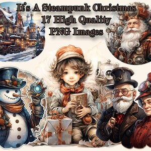 Steampunk Weihnachtscliparts, Weihnachtsmann und Weihnachtsmann Illustrative PNG Clip Art, Winterlandschaft, Transparenter Hintergrund, Sofortiger Download