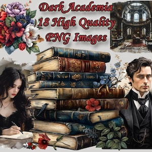 Dark Academia Clipart, Acuarela gótica PNG Clip Art, Libros, Biblioteca, Personas, Diario basura, Fondo transparente, Descarga instantánea