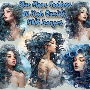 Blue Moon Goddess Clipart, Beautiful Fantasy Woman Watercolor PNG Clip Art, 300 DPI, Junk Journal, Transparent Background, Instant Download