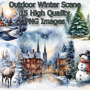 Outdoor Winter Scene Clipart, Classic Christmas Watercolor PNG Clip Art, Greeting Cards, Scrapbook, Transparent Background, Instant Download