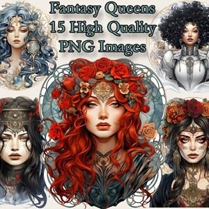 Krachtige Fantasy Queen Clipart, gotische illustratieve PNG Clip Art, 300 DPI, Scrapbook, Junk Journal, transparante achtergrond, Instant Download