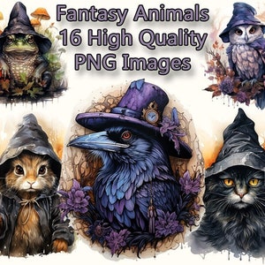May include: A set of 16 high-quality PNG images featuring fantasy animals wearing hats. The animals include a frog, a cat, an owl, and a raven. The hats are all different styles and colors, and some have intricate details like clocks and feathers.