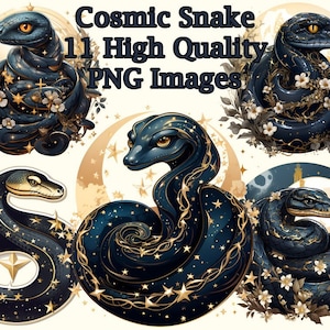 Clipart de cobra negra cósmica, clipart de aquarela gótica celestial PNG, Junk Journal, Scrapbooking, fundo transparente, download instantâneo