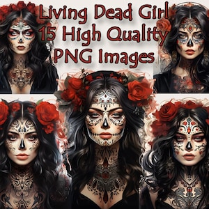 Living Dead Girl Clipart, Dag van de Dode Goth Aquarel PNG Clipart, Junk Journal, Scrapbooking, transparante achtergrond, Instant Download