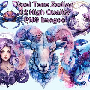 Cool Tone dierenriem clipart, astrologie aquarel PNG-illustraties, kanker, vissen, stier, ongewenste dagboek, transparante achtergrond, Instant Download