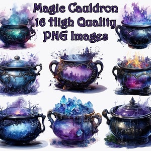 May include: A set of 16 high-quality PNG images featuring a variety of magical cauldrons. The cauldrons are decorated with intricate details and have a variety of magical elements inside, including flames, crystals, and a starry sky.
