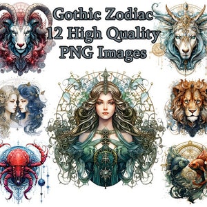 Clipart signes du zodiaque gothique, astrologie aquarelle PNG Clip Art, Bélier, Taureau, Lion, journal indésirable, fond Transparent, téléchargement immédiat