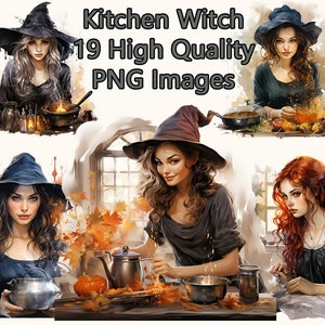 Kitchen Witch Clipart, Magic Witchy Watercolor PNG Clip Art, 300 DPI, Scrapbooking, Junk Journal, Transparent Background, Instant Download