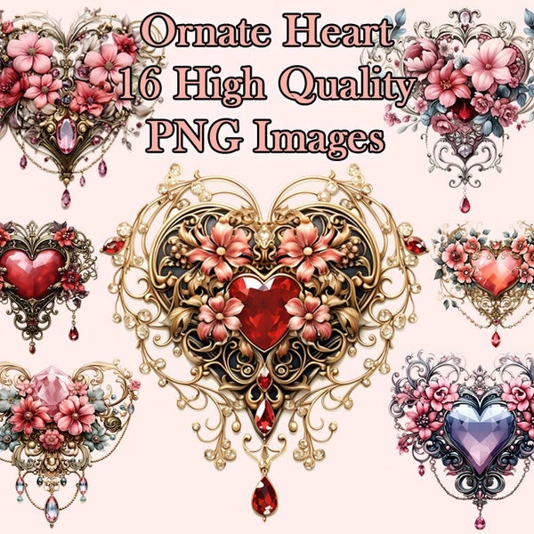 Ornate Heart With Jewels and Flowers Clipart, Victorian Valentine's Day PNG Clip Art, Scrapbooking, Transparent Background, Instant Download