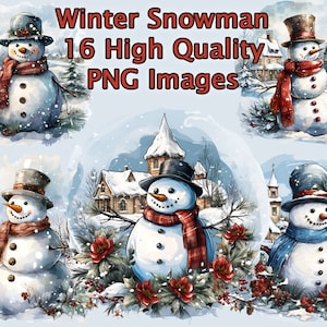 Winter Scenery Snowman Clipart, Holiday Watercolor PNG Clip Art, Christmas Cards, Scrapbooking, Transparent Background, Instant Download