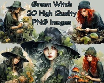 Pretty Green Witch clipart, Witchy aquarel png clipart, Halloween, planten, bos, ongewenste dagboek, transparante achtergrond, Instant Download