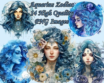 Aquarius Zodiac Clipart, Astrology Watercolor PNG Clip Art, 300 DPI, Junk Journal, Scrapbooking, Transparent Background, Instant Download