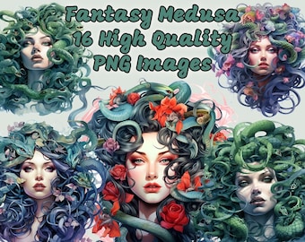 Fantasy Medusa Clipart, Greek Mythology Watercolor PNG Clip Art, Snake, Junk Journal, Scrapbooking, Transparent Background, Instant Download