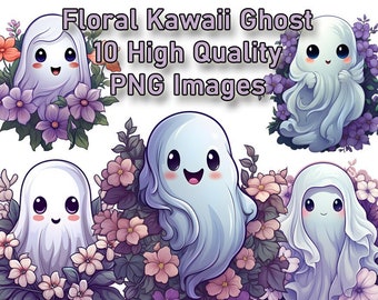 Cute Floral Kawaii Ghost Clipart, Halloween Watercolor PNG Clip Art, Scrapbooking, Junk Journal, Transparent Background, Instant Download