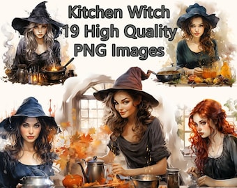 Kitchen Witch Clipart, Magic Witchy Watercolor PNG Clip Art, 300 DPI, Scrapbooking, Junk Journal, Transparent Background, Instant Download