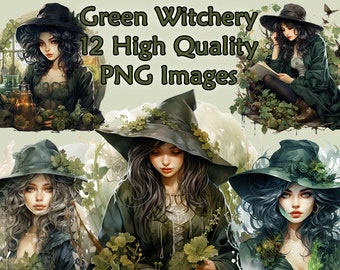 Green Witchery Clipart, Gothic Witch PNG Clip Art, 300 DPI, Halloween, Plants, Forest, Woods, Transparent Background, Instant Download