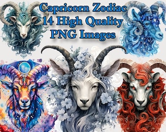 Capricornio Zodiac Clipart, Astrología Acuarela PNG Clip Art, Cabra, Diario Basura, Scrapbooking, Fondo Transparente, Descarga Instantánea