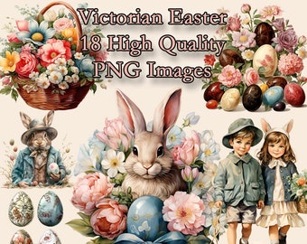 Clipart de Pascua victoriana, clipart PNG de acuarela navideña vintage, conejito, huevos, flores de primavera, fondo transparente, descarga instantánea