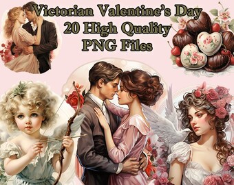 Victorian Valentine's Day Clipart, Vintage Watercolor PNG Clip Art, Cherub, Sweets, Cupid, Couples, Transparent Background, Instant Download