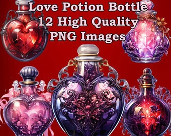 May include: Twelve digital illustrations of ornate glass bottles with heart-shaped stoppers. The bottles are filled with a pink, red, or purple liquid. The bottles have intricate gold and silver details. The bottles are set against a red background. Love Potion Bottle 12 High Quality PNG Images.
