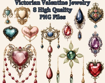 Puede incluir: Ocho piezas de joyería en forma de corazón de estilo victoriano con intrincados detalles en oro y plata. Cada pieza presenta una gema de color diferente, incluyendo rojo, rosa, azul, verde y morado.