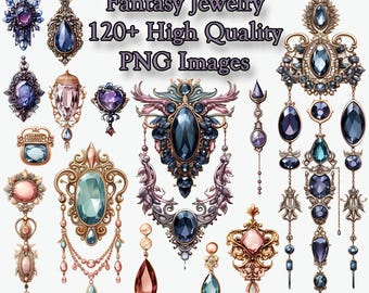 Fantasy Jewelry Clipart, Elaborate Watercolor Jewels PNG Clip Art, Pendant, Brooch, Commercial Use, Transparent Background, Instant Download