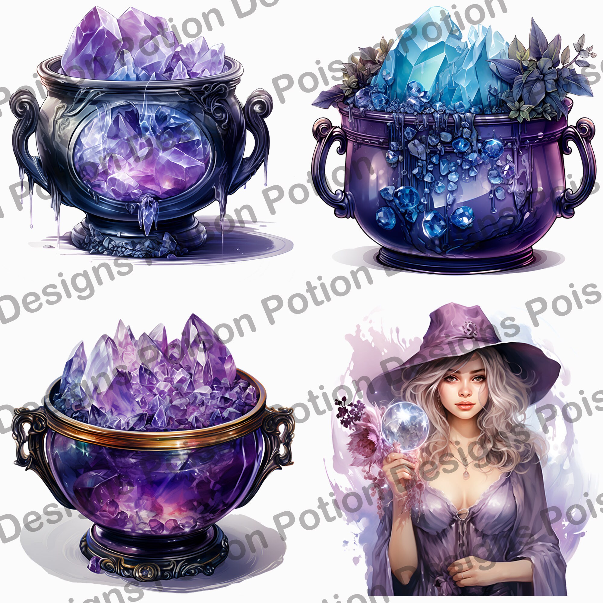 Crystal Witch Clipart, Witchy Watercolor PNG Clip Art, Cauldron, Spell ...