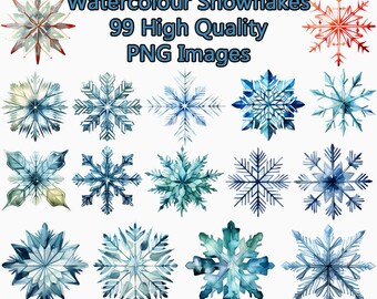 Winter Snowflakes Clipart, Classic Watercolor PNG Clip Art, Commercial Use, Snow, Junk Journal, Transparent Background, Instant Download
