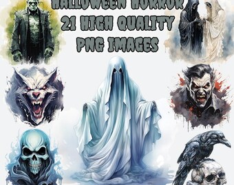 Halloween Horror Clipart, Gothic Watercolor PNG Clip Art, Ghost, Frankenstein, Monster, Vampire, Transparent Background, Instant Download