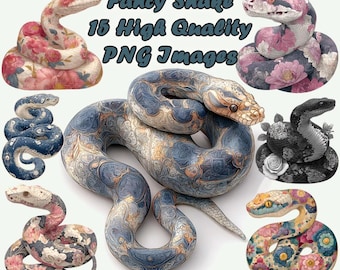 Fancy Snake Clipart, Fantasy Serpent Watercolor PNG Clip Art, Flowers, Floral, Goth, Junk Journal, Transparent Background, Instant Download