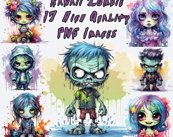 Kawaii Zombie Clipart, Cute Halloween Watercolor PNG Clip Art, Monster, Junk Journal, Scrapbooking, Transparent Background, Instant Download