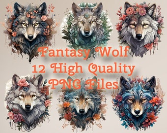 Fantasy Floral Wolf Clipart, Watercolor Wolves PNG Clip Art, Flowers, Scrapbooking, Junk Journal, Transparent Background, Instant Download