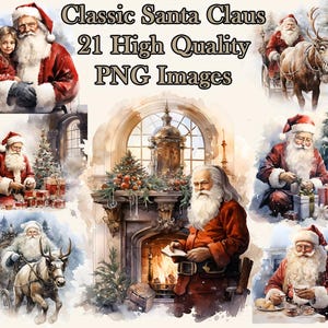 Classic Santa Claus Clipart, Vintage Christmas Watercolor PNG Clip Art, Reindeer, Sleigh, Presents, Transparent Background, Instant Download