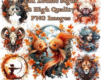 Fall Zodiac Signs Clipart, Astrology Watercolor PNG Clip Art, Aries, Virgo, Pisces, Gemini, Autumn, Transparent Background, Instant Download