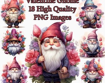 Valentine's Garden Gnome Clipart, Fantasy Watercolor PNG Clip Art, Flowers, Love, Junk Journal, Transparent Background, Instant Download