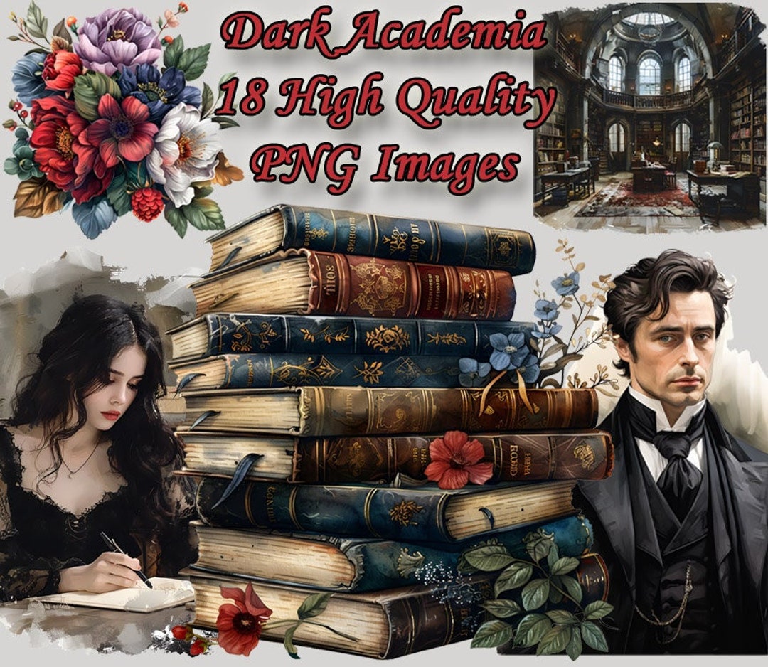 Dark Academia Clipart, Gothic Watercolor PNG Clip Art, Books, Library ...