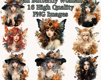 Beautiful Fall Butterfly Woman Clipart, Fantasy Watercolor PNG Clip Art, Fall Leaves, Junk Journal, Transparent Background, Instant Download