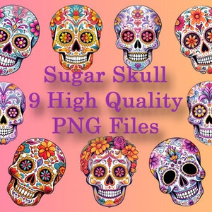 Colorful Sugar Skull Clipart, Day Of The Dead Floral PNG Clip Art, Junk Journal, Scrapbooking, Transparent Background, Instant Download